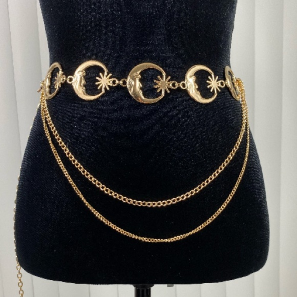 Celestial Crescent Moon Multi Layer Chain Statement Belt Metal Waist Belt Gold